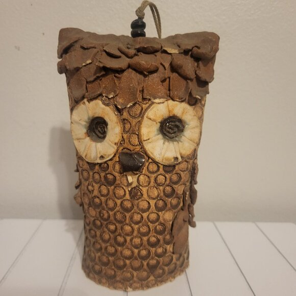 Studio Art Pottery Hanging Owl Wind Chime Decor Brown Garden Home Boho 7" high - Picture 4 of 11
